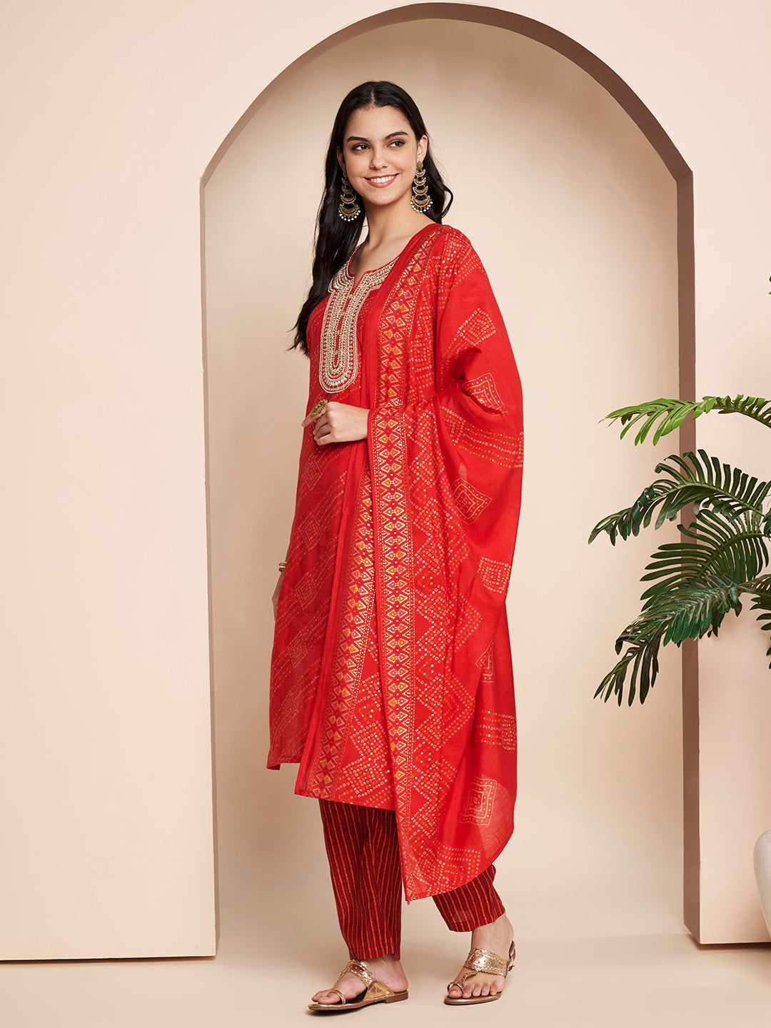 Red Embroidered Kurta Set with Pant & Dupatta
