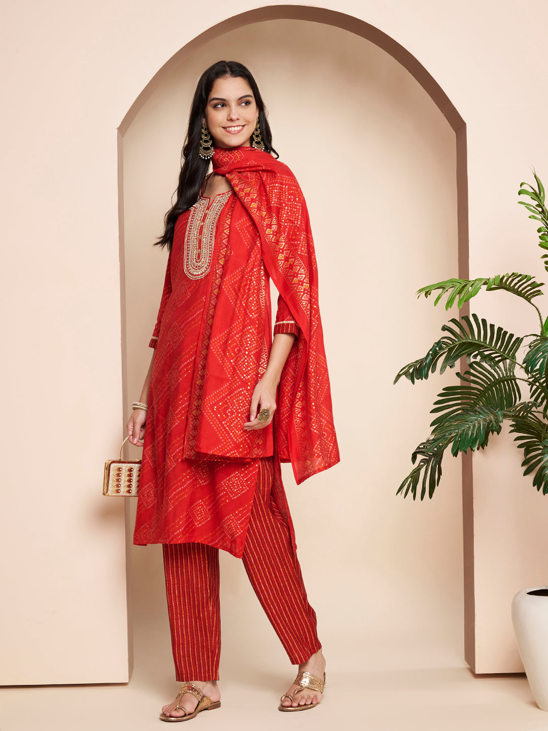 Red Embroidered Kurta Set with Pant & Dupatta