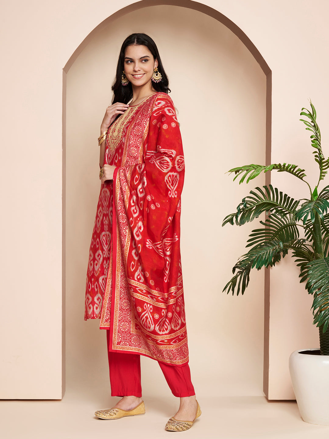 Fuchsia Embroidered Kurta With Pant & Dupatta