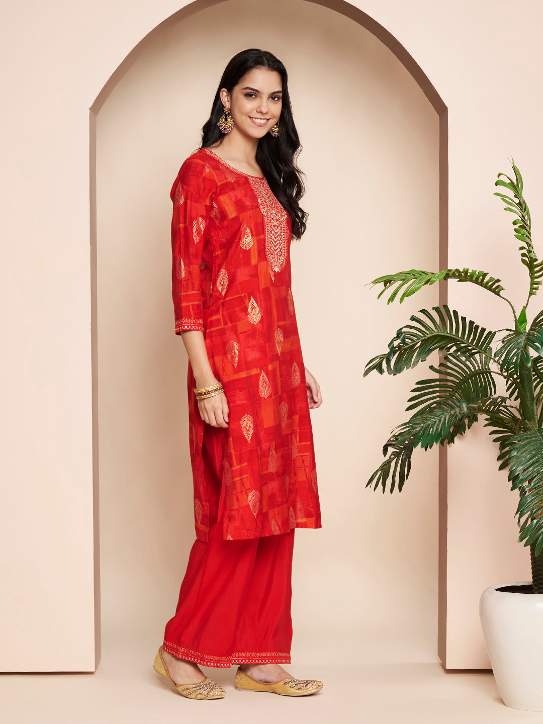 Red Embroidered Kurta Set with Pant & Dupatta