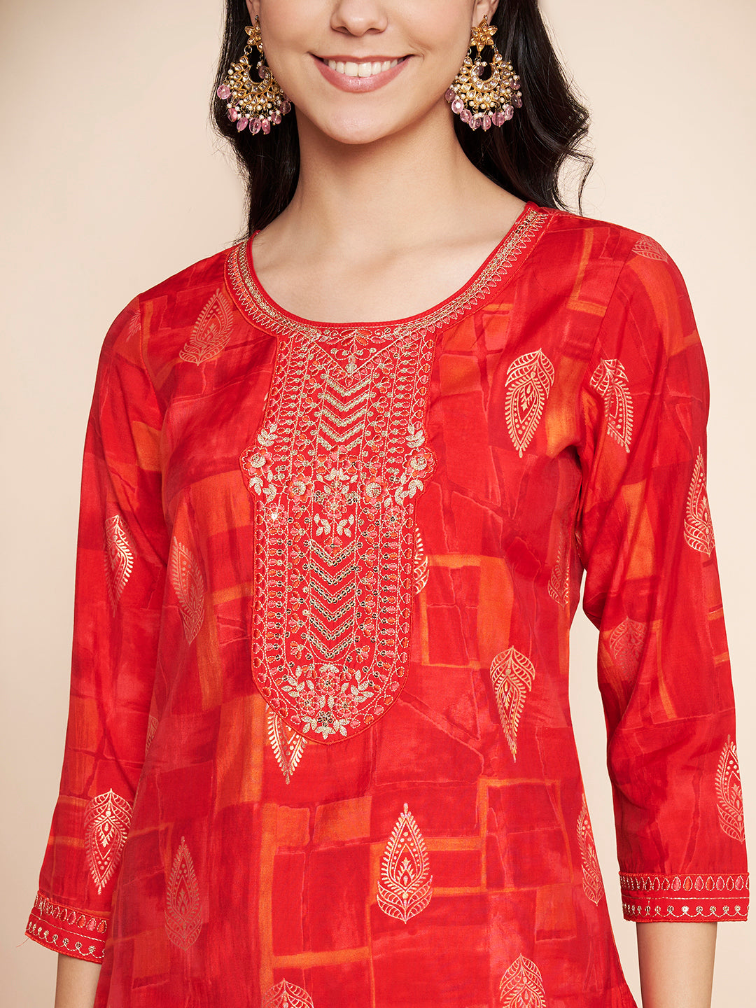 Red Embroidered Kurta Set with Pant & Dupatta