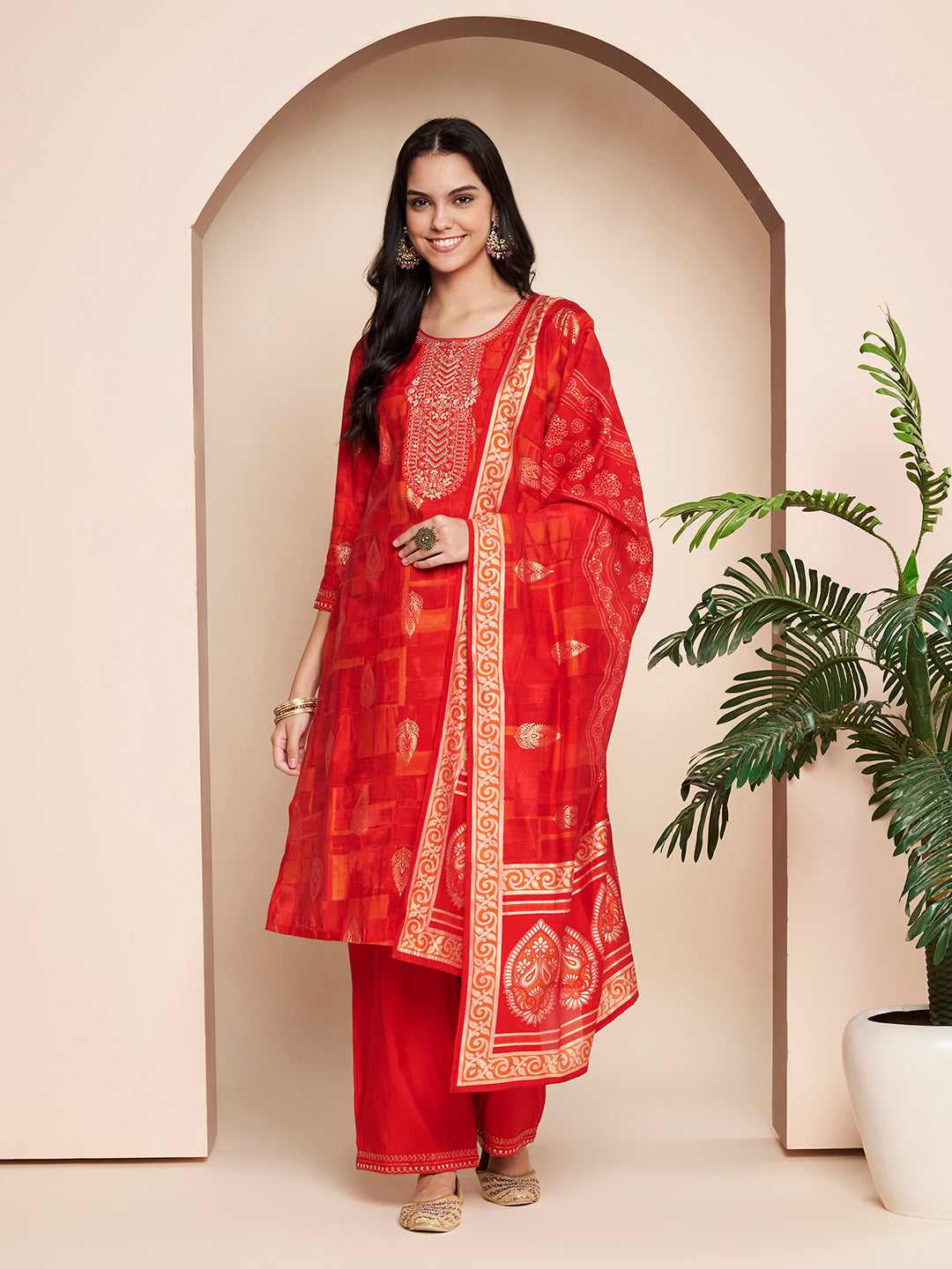 Red Embroidered Kurta Set with Pant & Dupatta