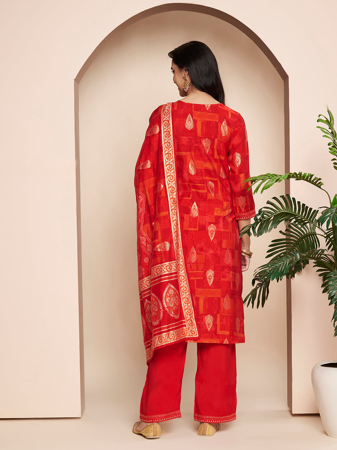 Red Embroidered Kurta Set with Pant & Dupatta