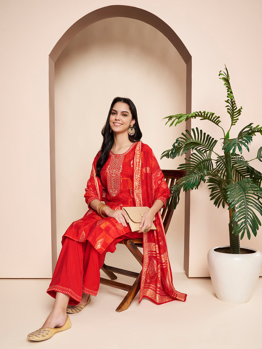 Red Embroidered Kurta Set with Pant & Dupatta