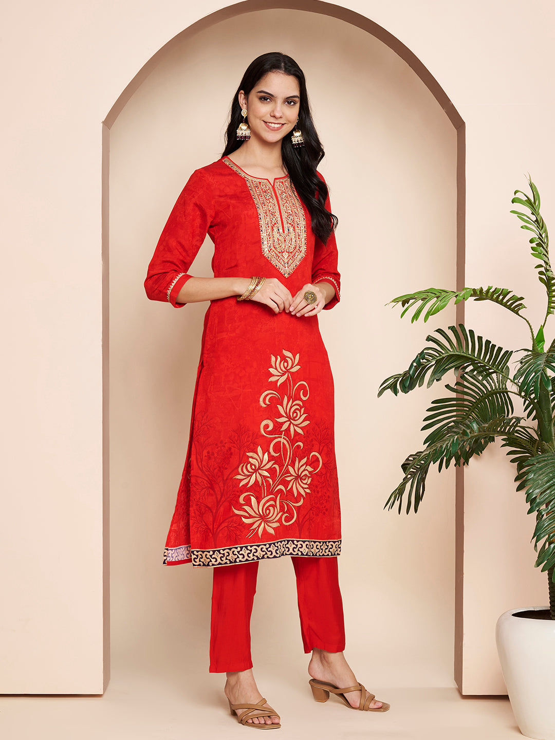 Red Embroidered Kurta Set with Pant & Dupatta