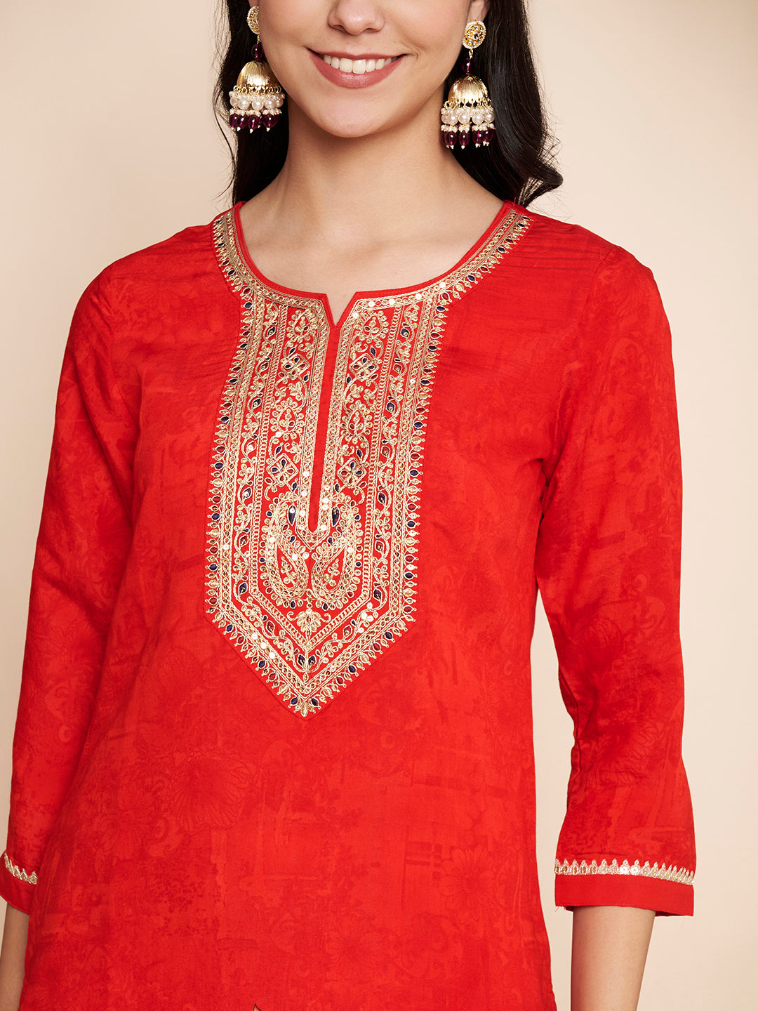 Red Embroidered Kurta Set with Pant & Dupatta