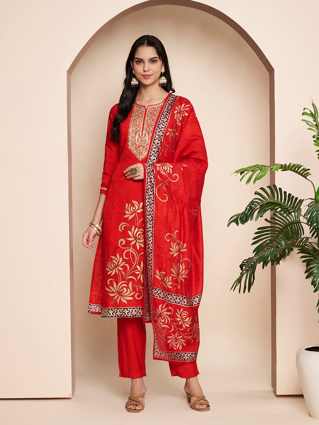 Red Embroidered Kurta Set with Pant & Dupatta