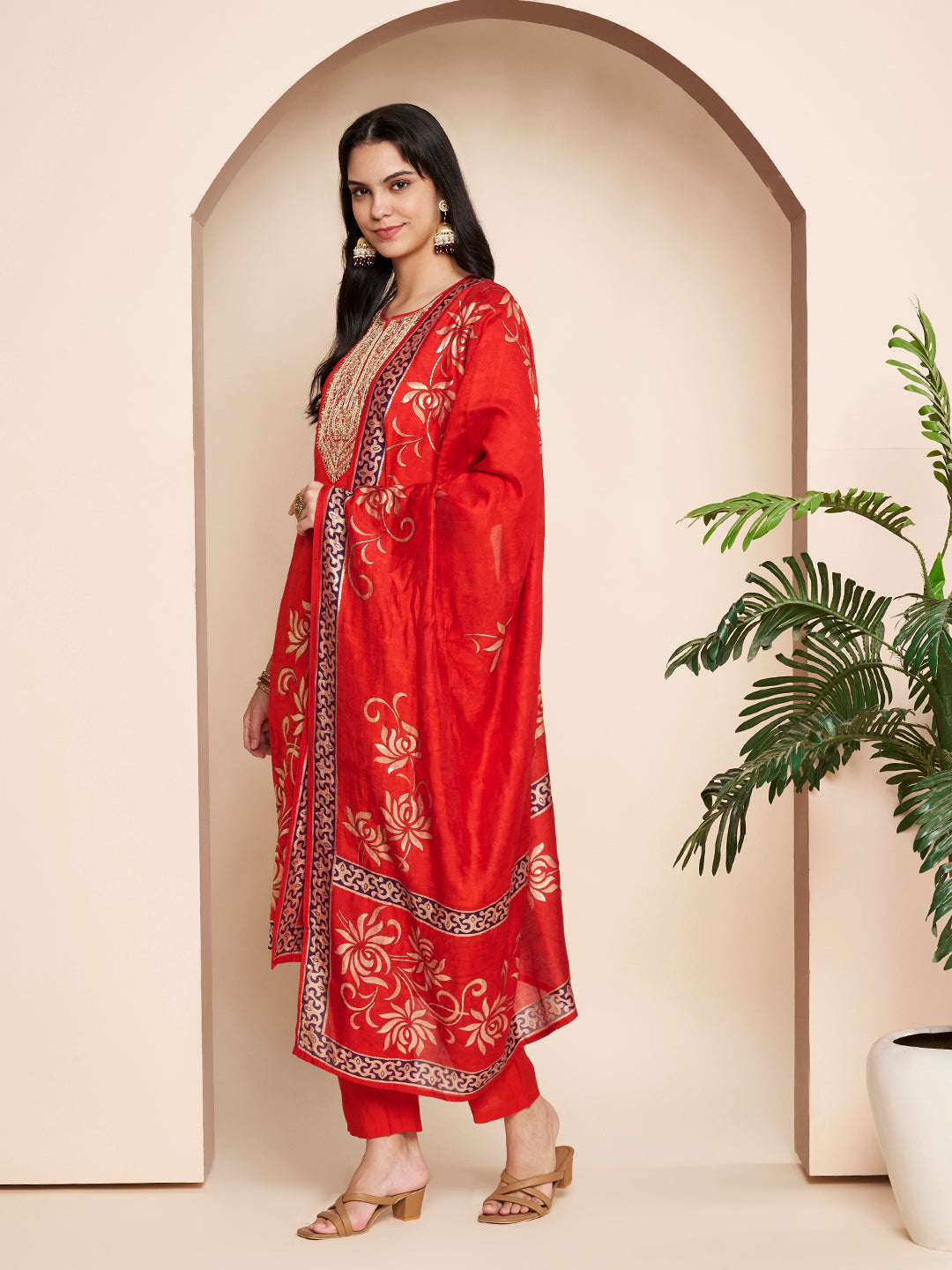 Red Embroidered Kurta Set with Pant & Dupatta