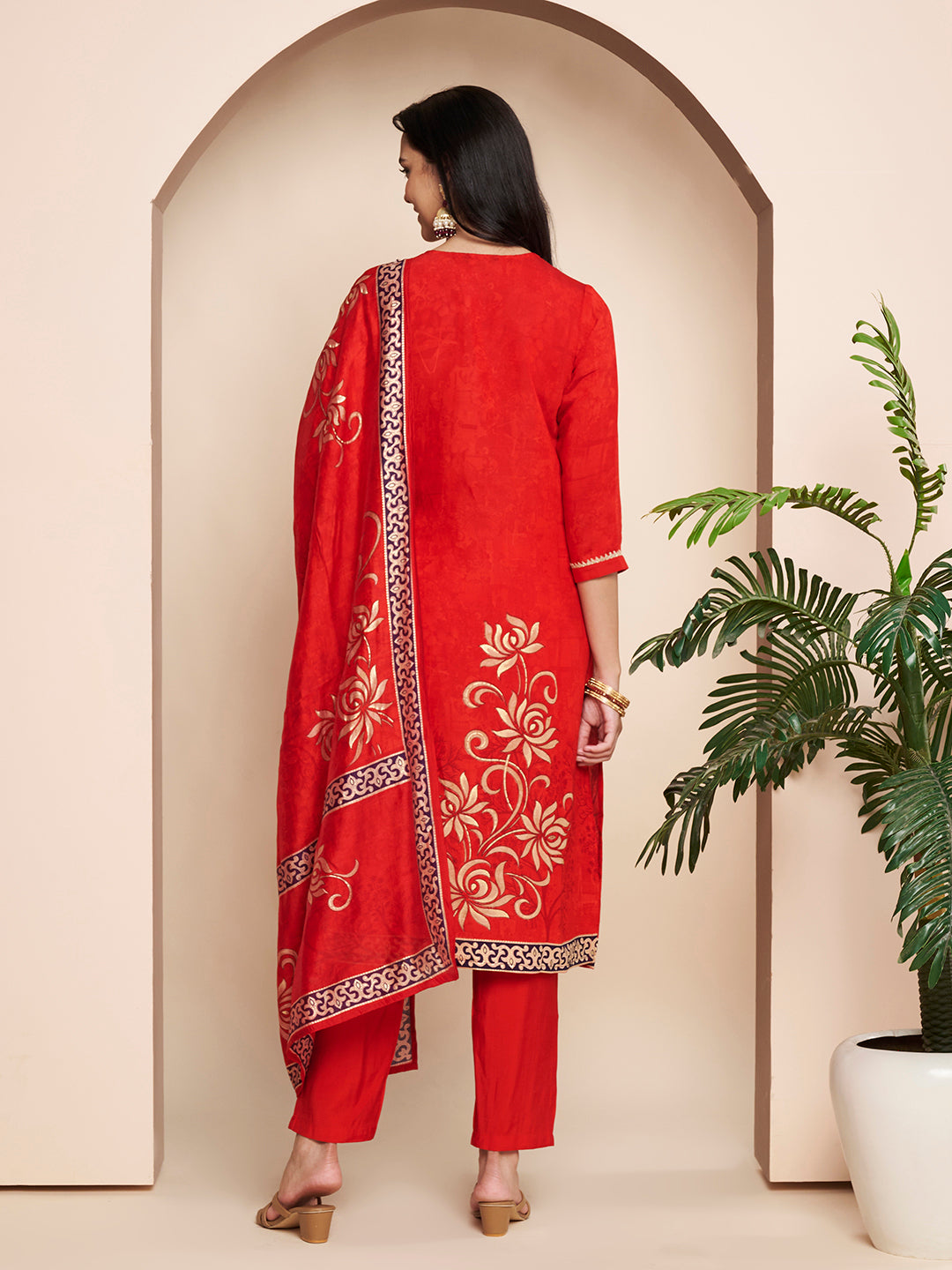 Red Embroidered Kurta Set with Pant & Dupatta