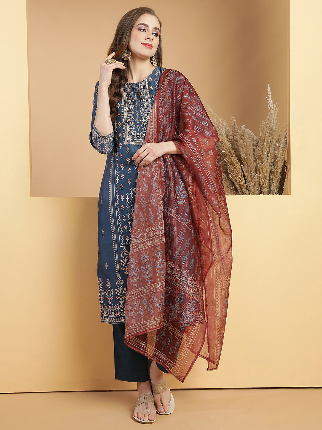 Blue placement printed kurta with trouser & with Dupatta