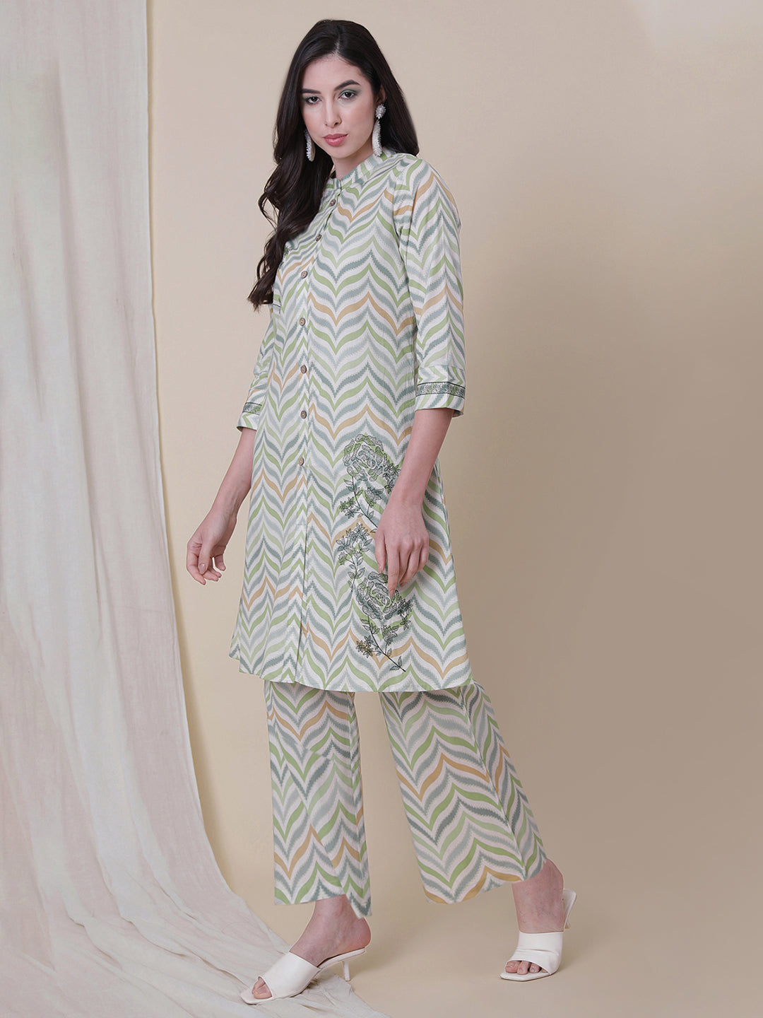 Green Embroidered A-Line Kurta With Palazzo.