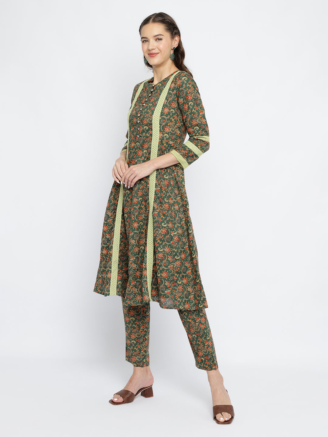 Women Green Ethnic Printed A-Line Kurta with pant & with dupatta