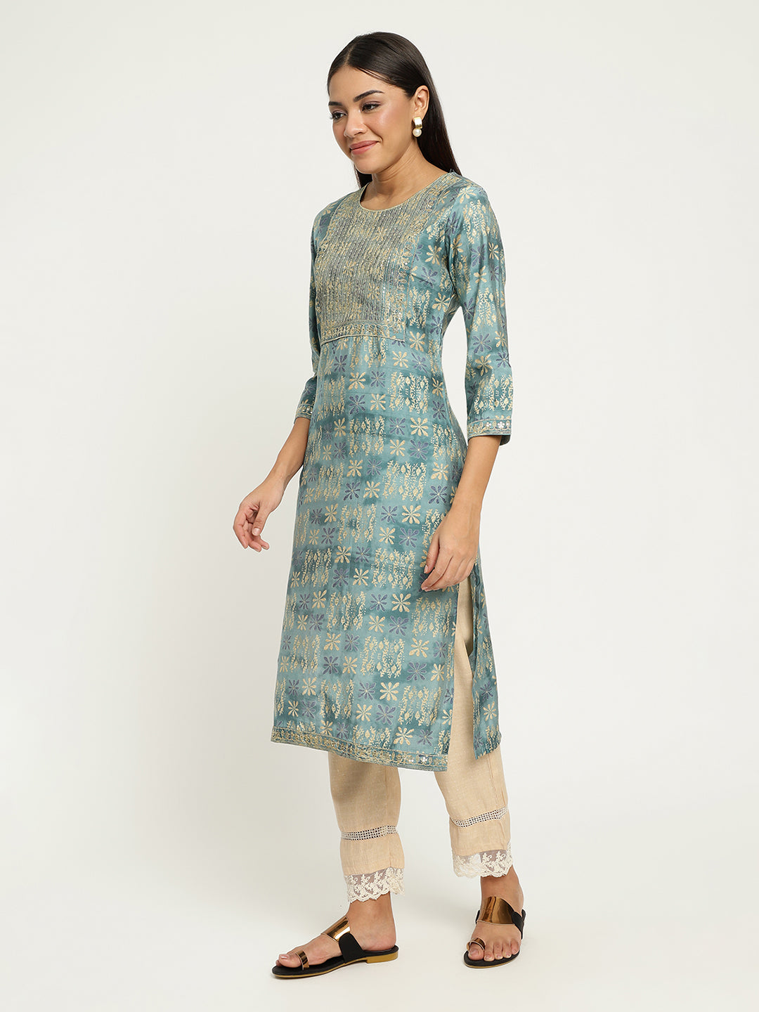 Aqua Embroidered Foil Printed kurta