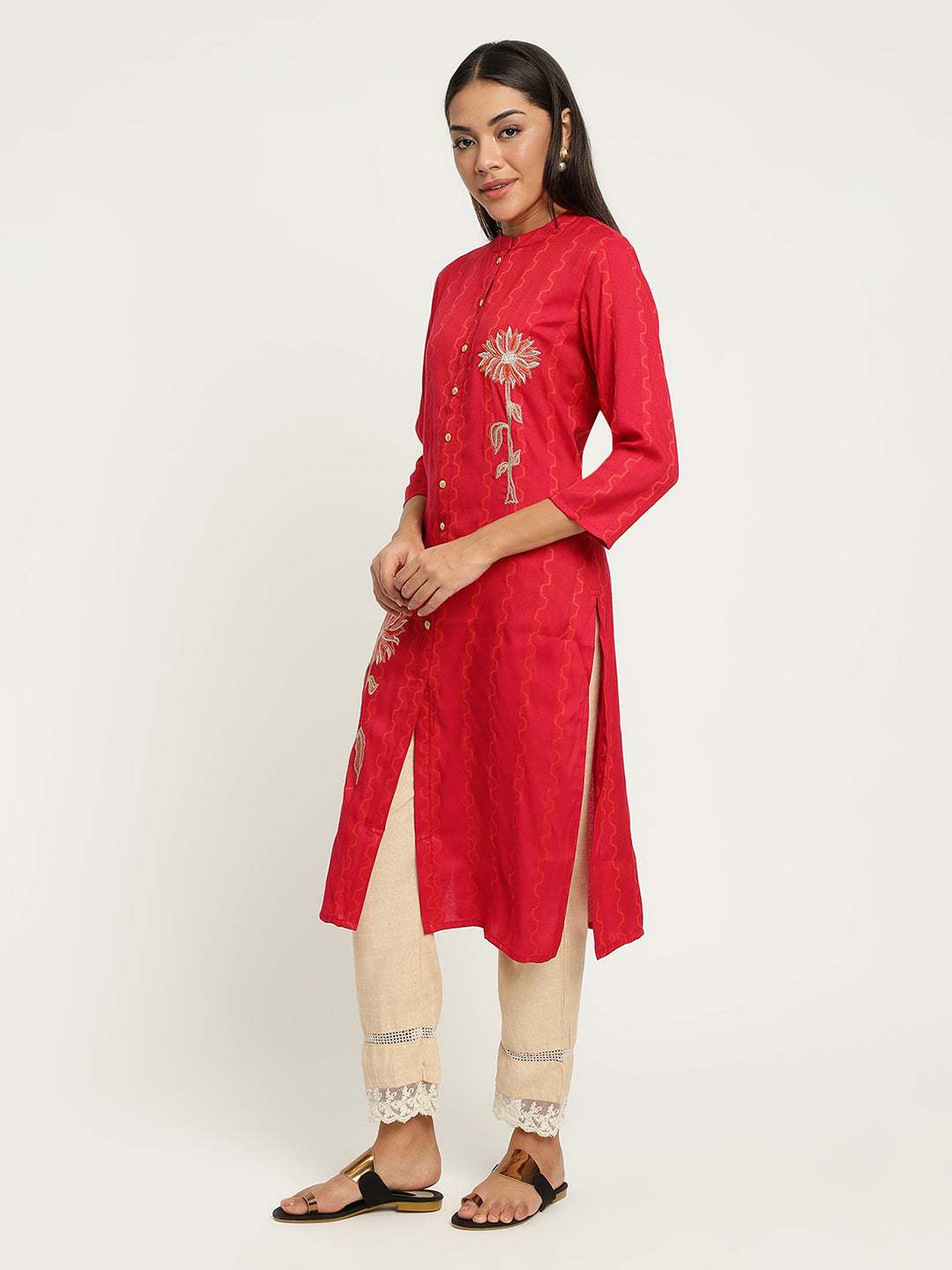 Women Red Embroidered Kurta.