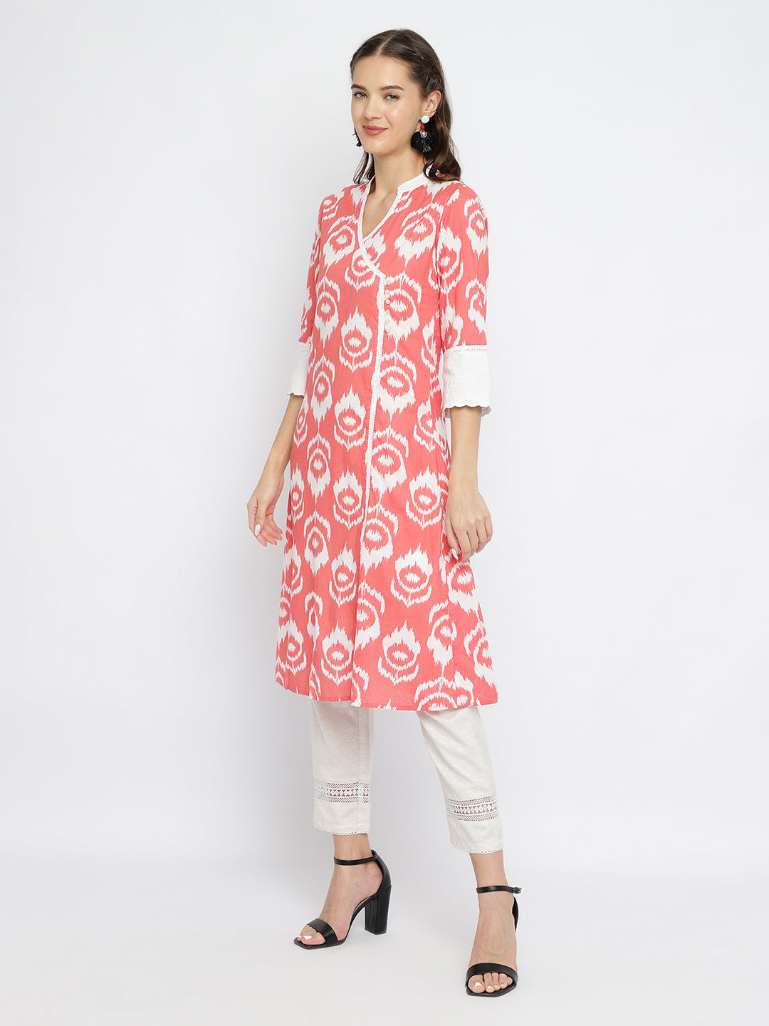 Women Colar Ikat Printed Embroidered Angarkha Kurta.