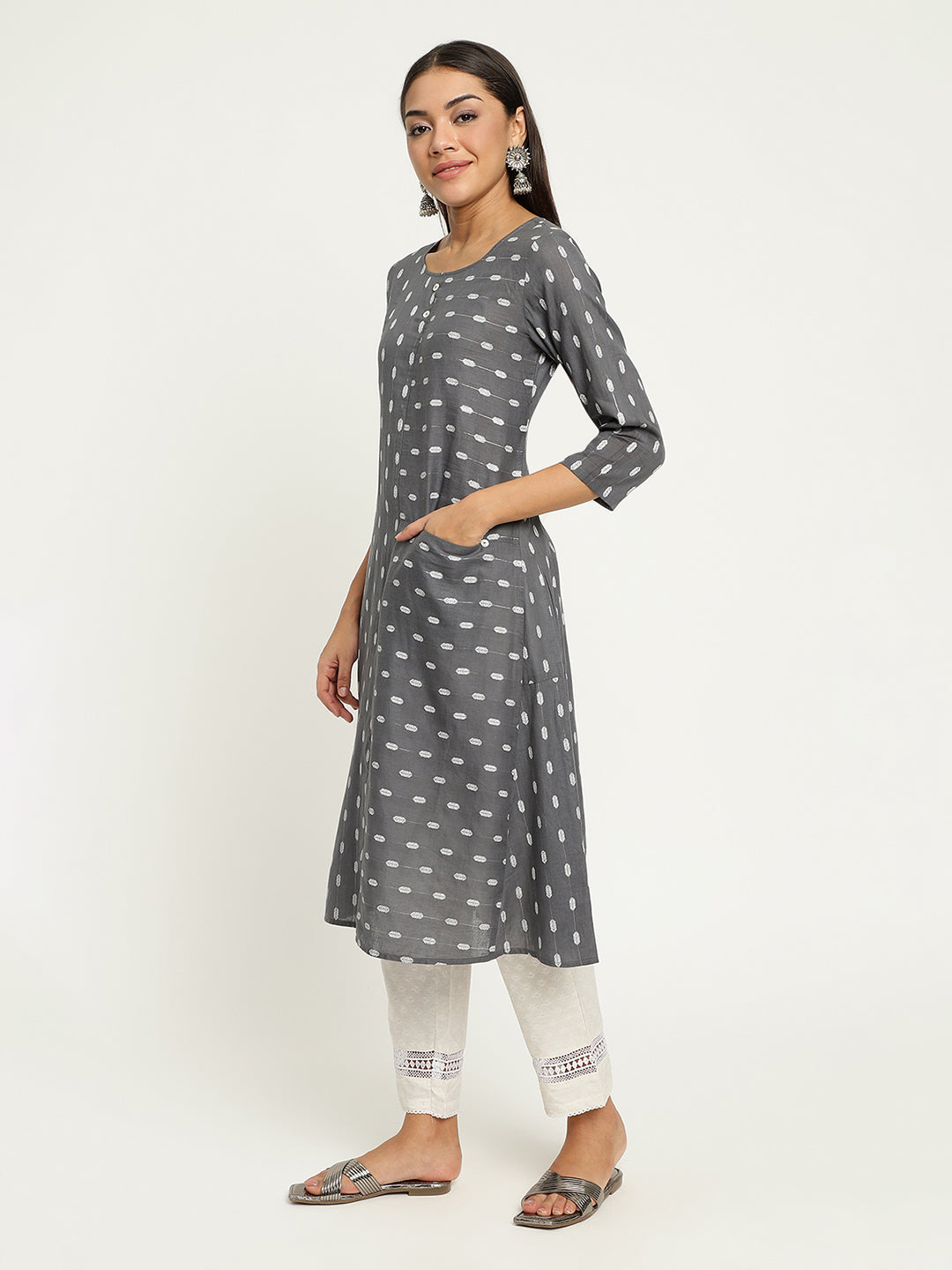 Women Grey Dobby A-Line kurta.