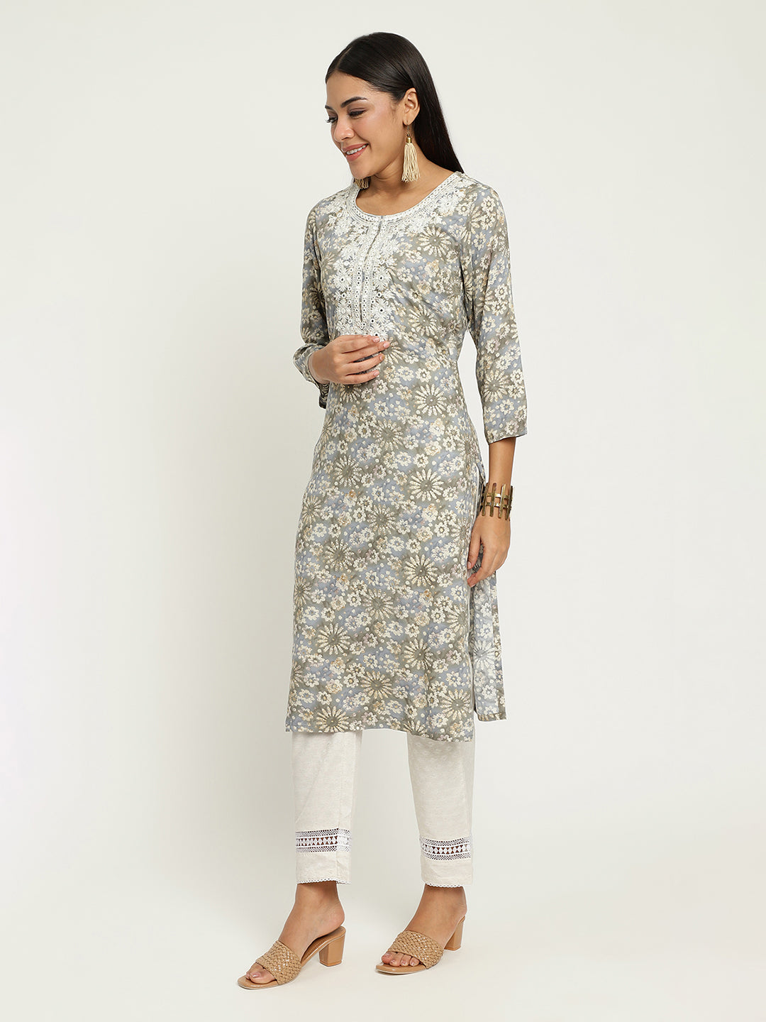 Grey Embroidered Foil Printed kurta