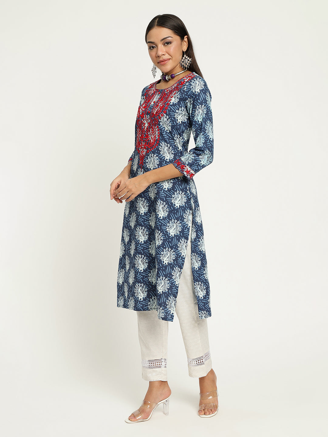 Blue Block Printed Embroidered Kurta.