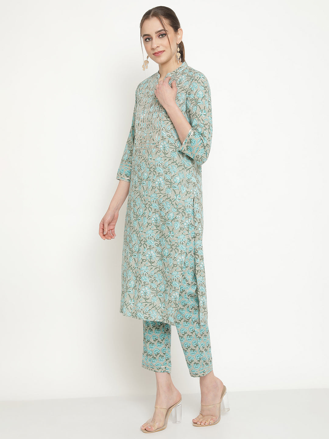 Grey Floral Printed Kurta With Pant