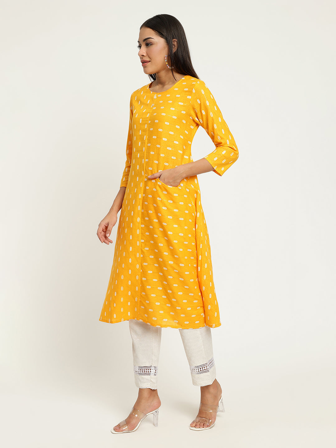 Women Yellow Dobby A-Line kurta