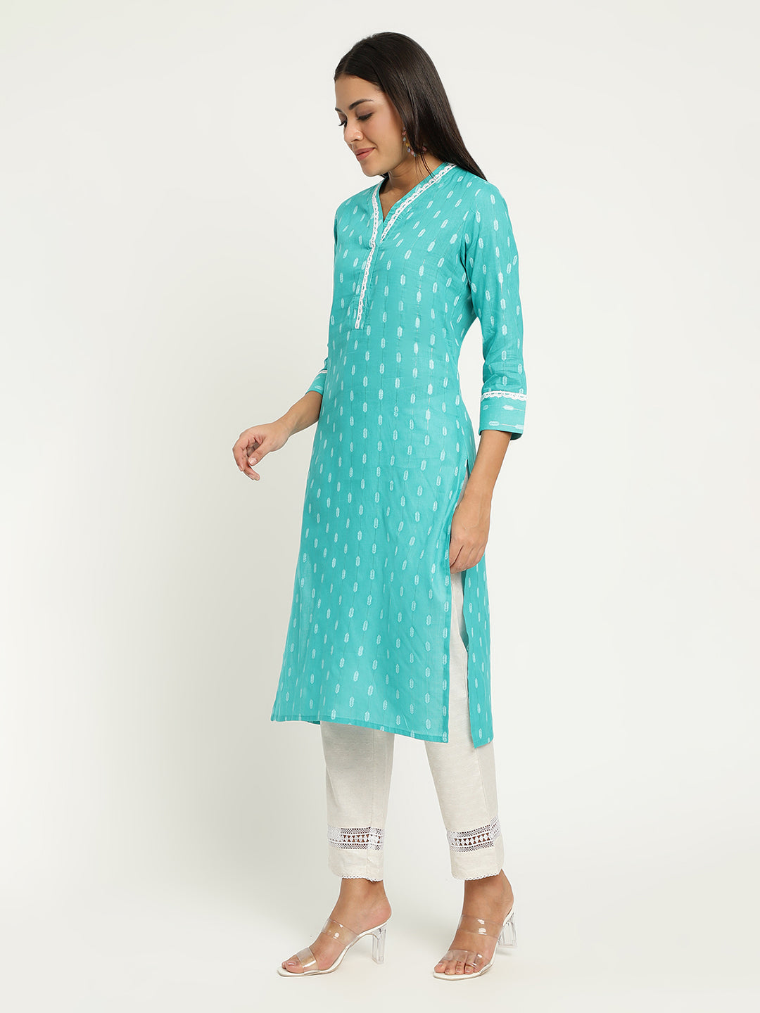 Women Turquoise Blue Dobby Kurta