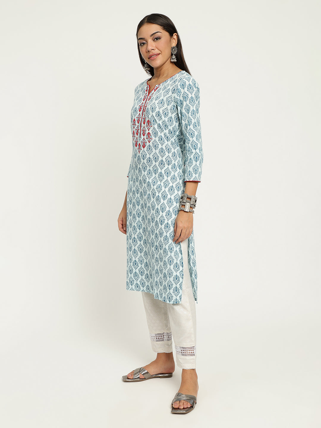 Aqua Block Printed Embroidered Kurta.