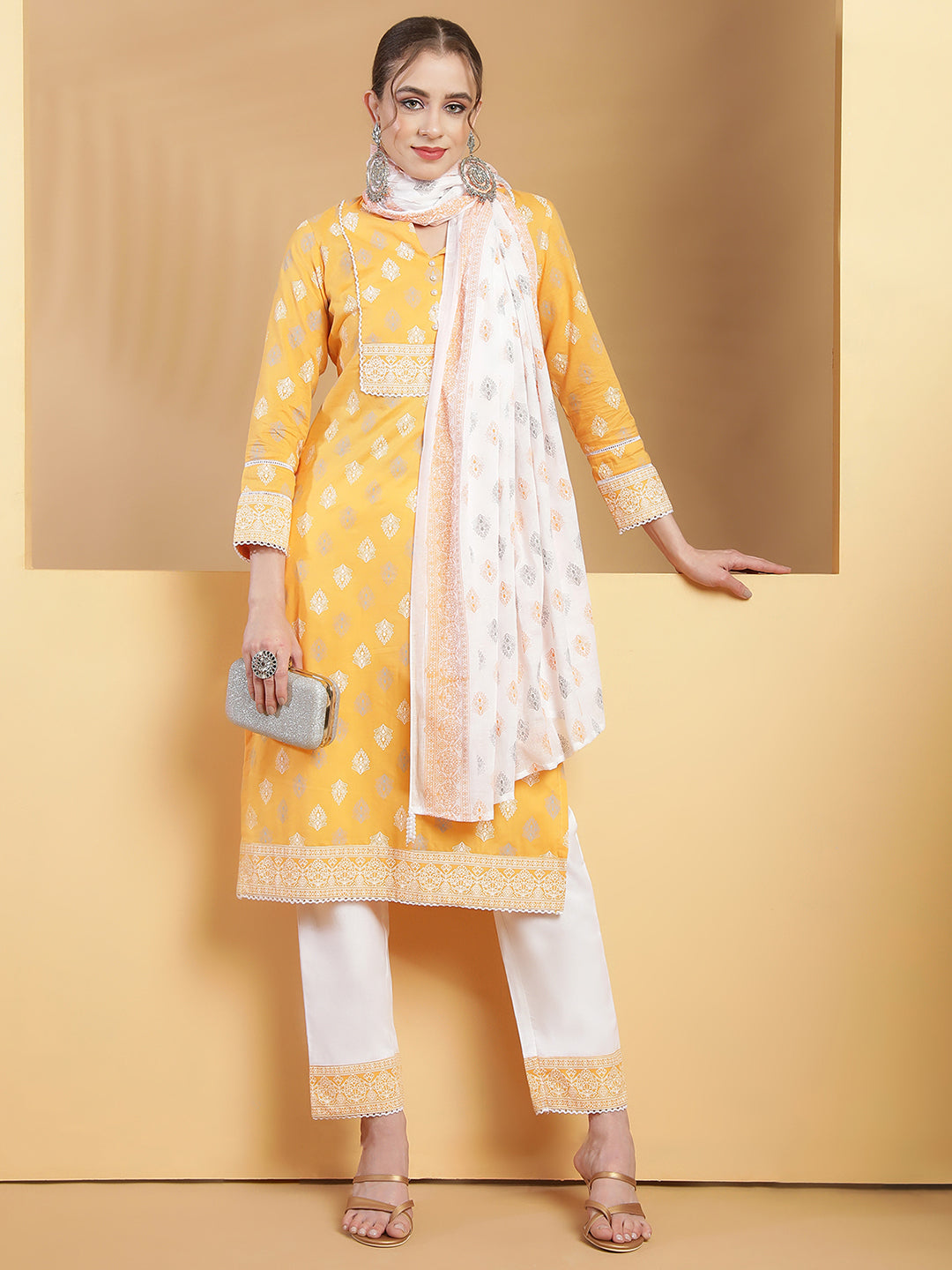 Yellow Ethnic Motif Printed Kurta With Pant & With Dupatta.