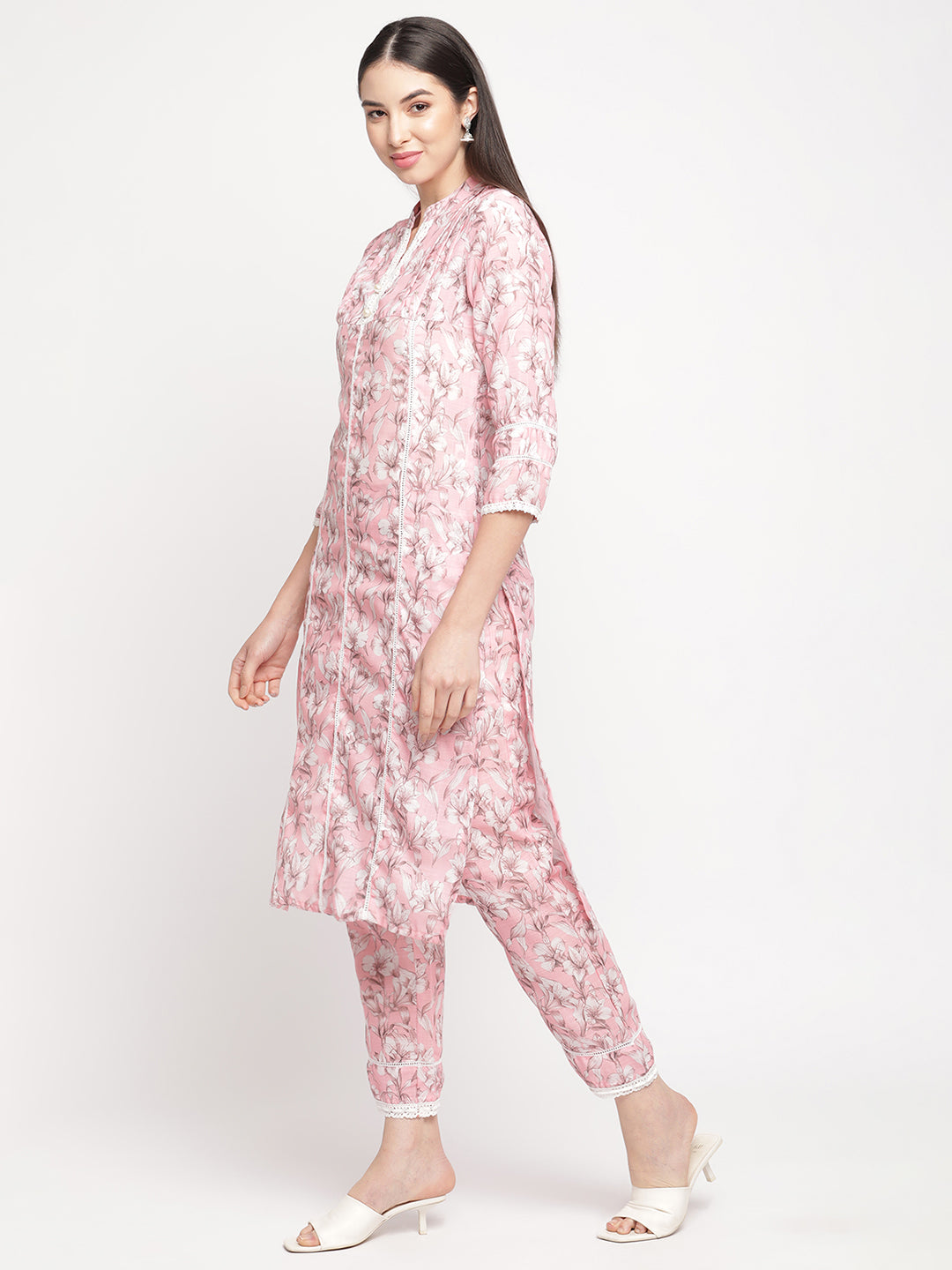 Floral Printed  Pink Pintuck Kurta With Pant & With Dupatta