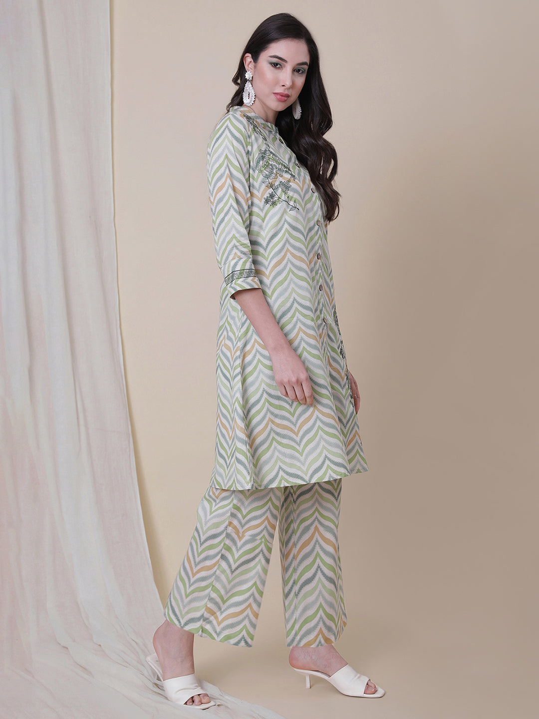 Green Embroidered A-Line Kurta With Palazzo.