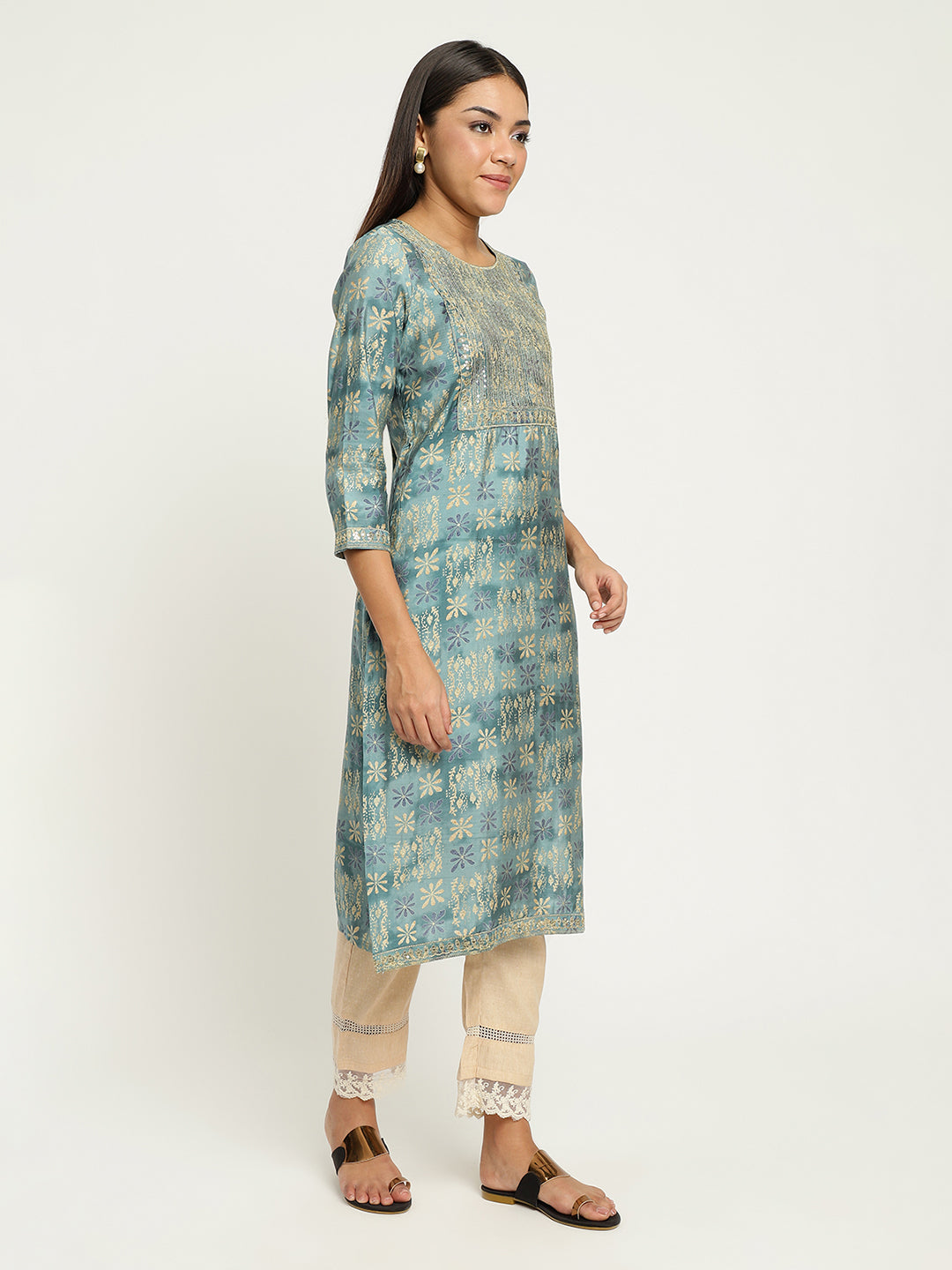 Aqua Embroidered Foil Printed kurta