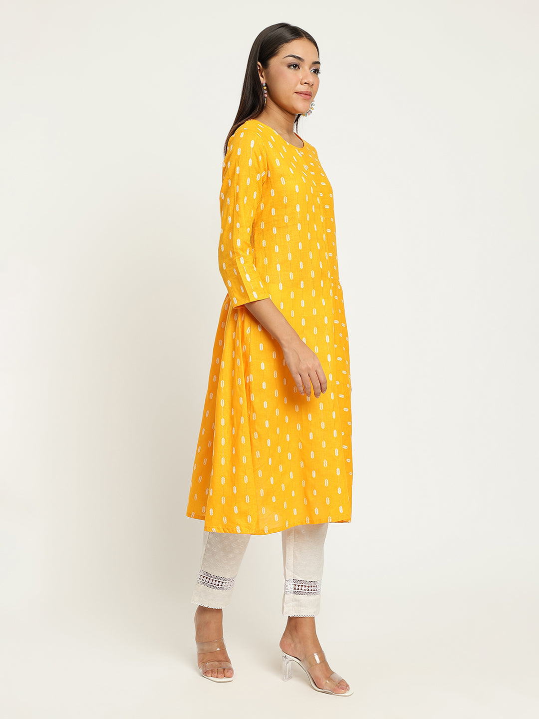 Women Yellow Dobby A-Line kurta