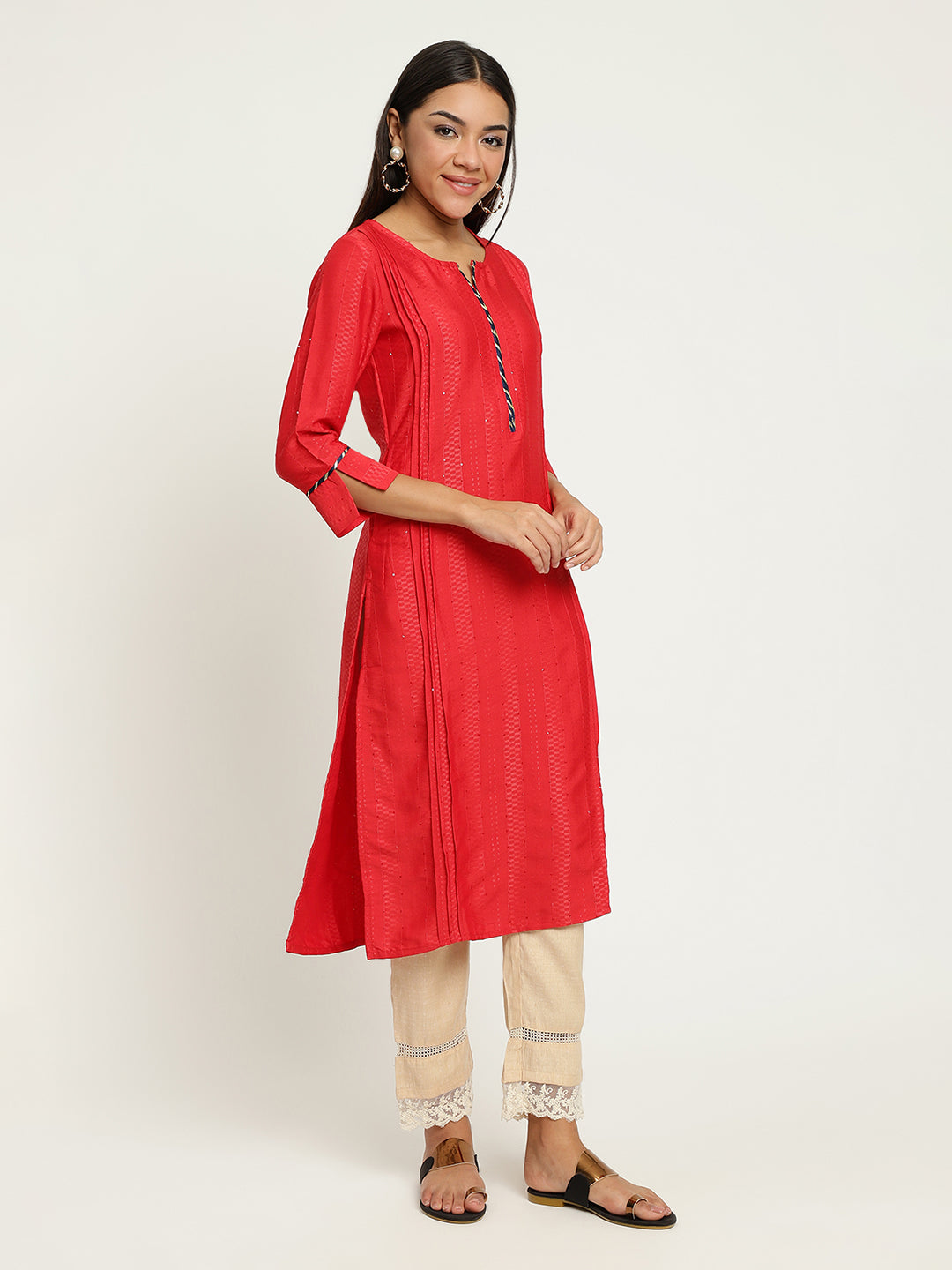 Women Red Pin-Tuck Kurta