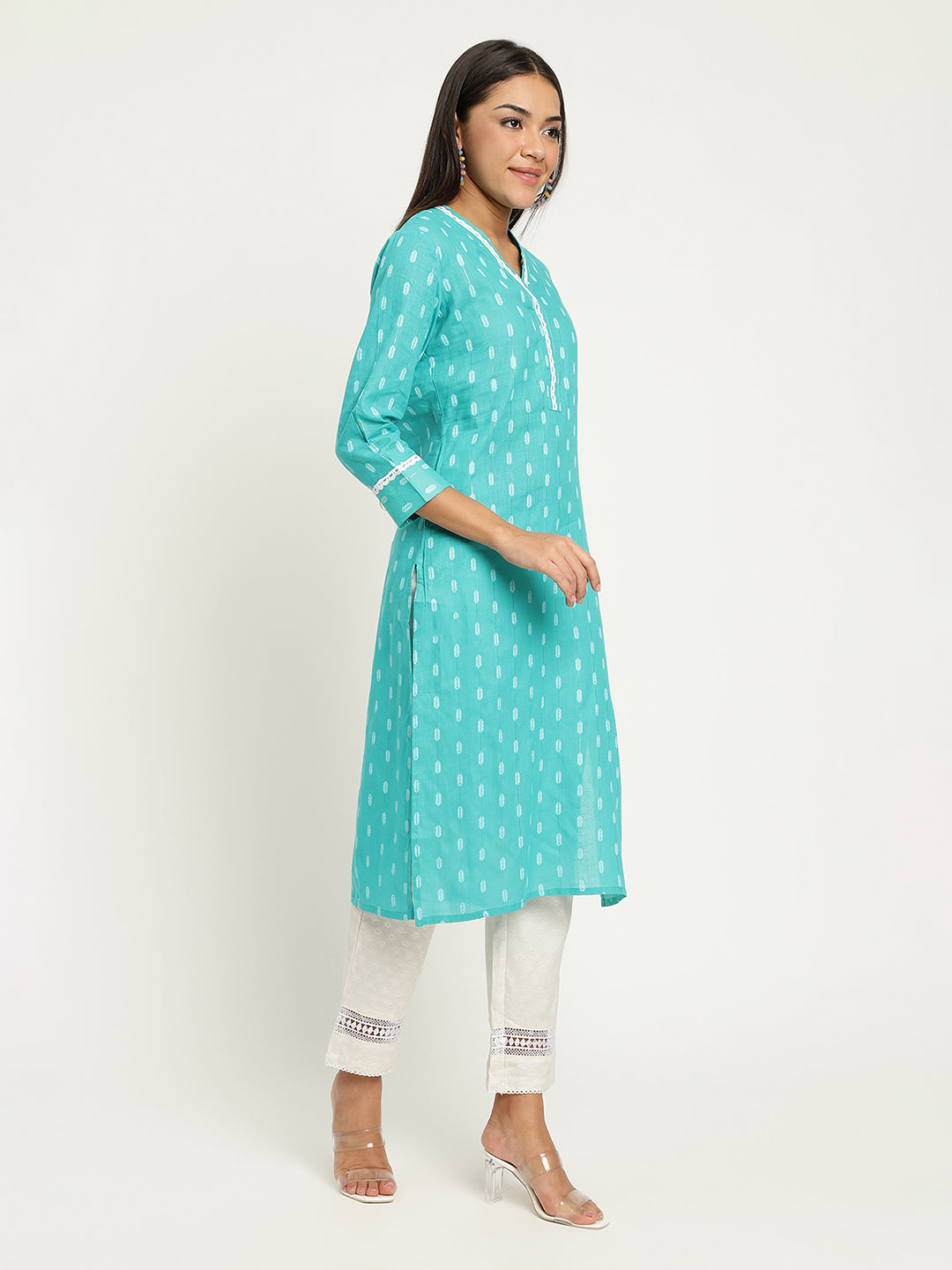 Women Turquoise Blue Dobby Kurta