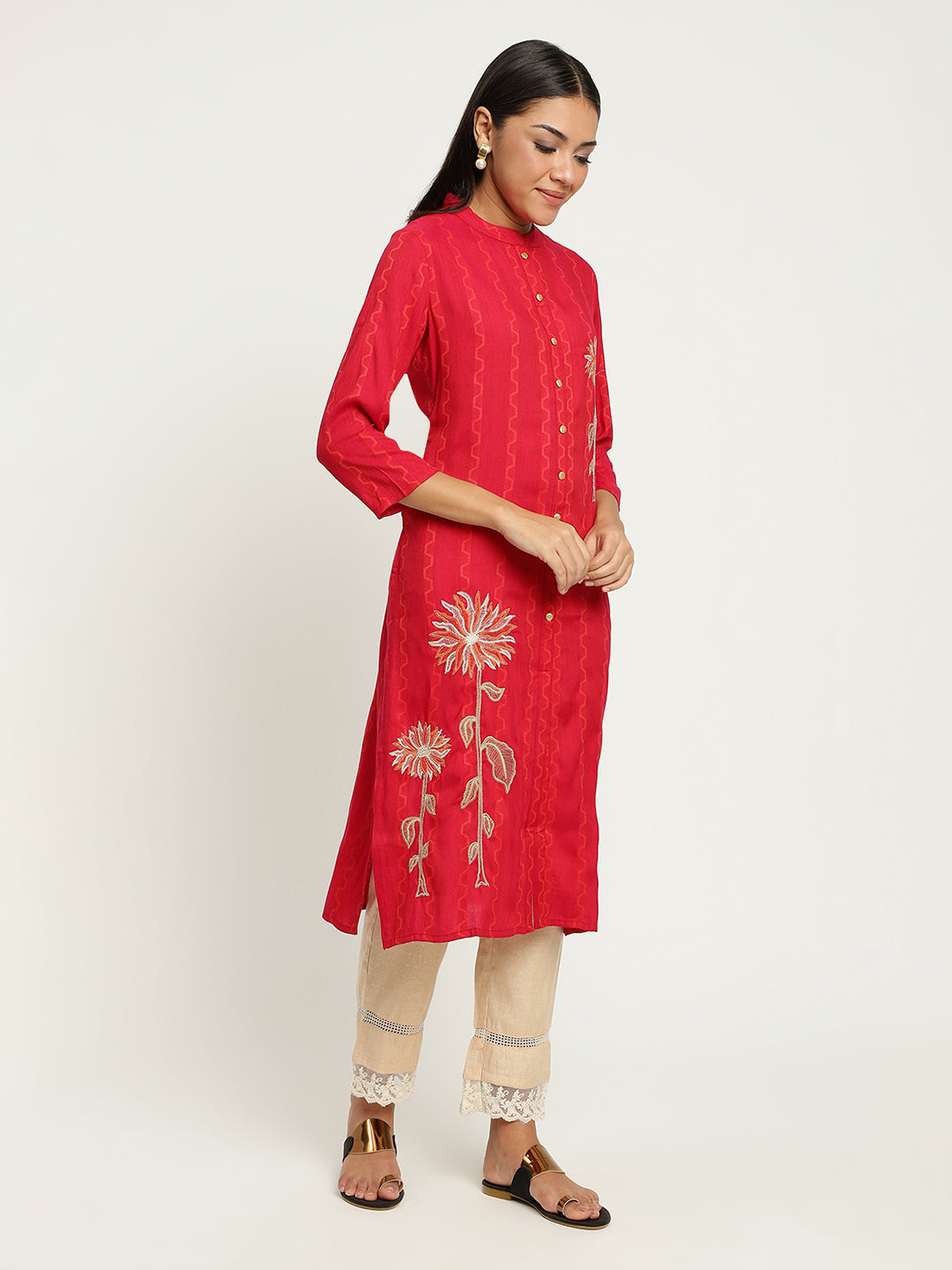 Women Red Embroidered Kurta.