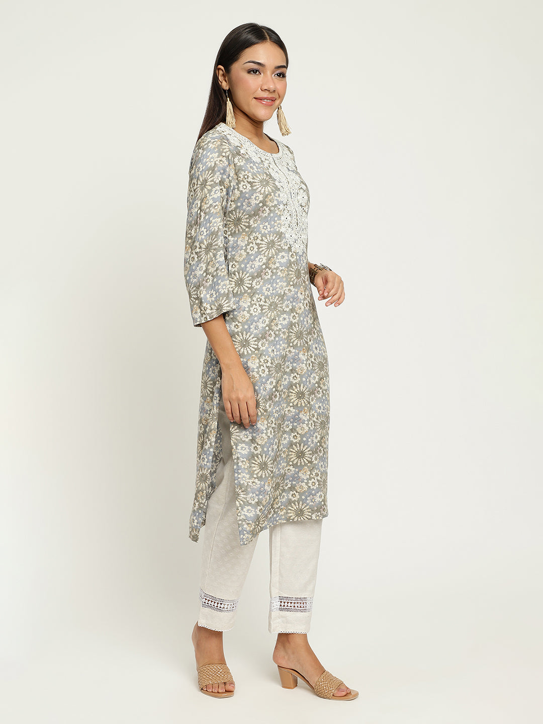 Grey Embroidered Foil Printed kurta