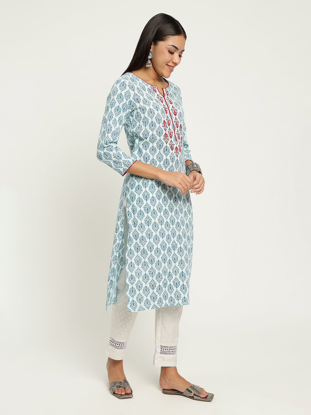 Aqua Block Printed Embroidered Kurta.