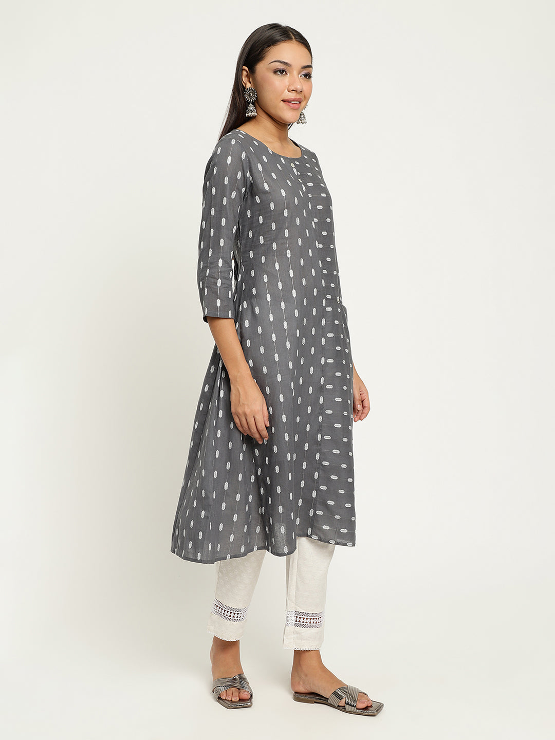 Women Grey Dobby A-Line kurta.