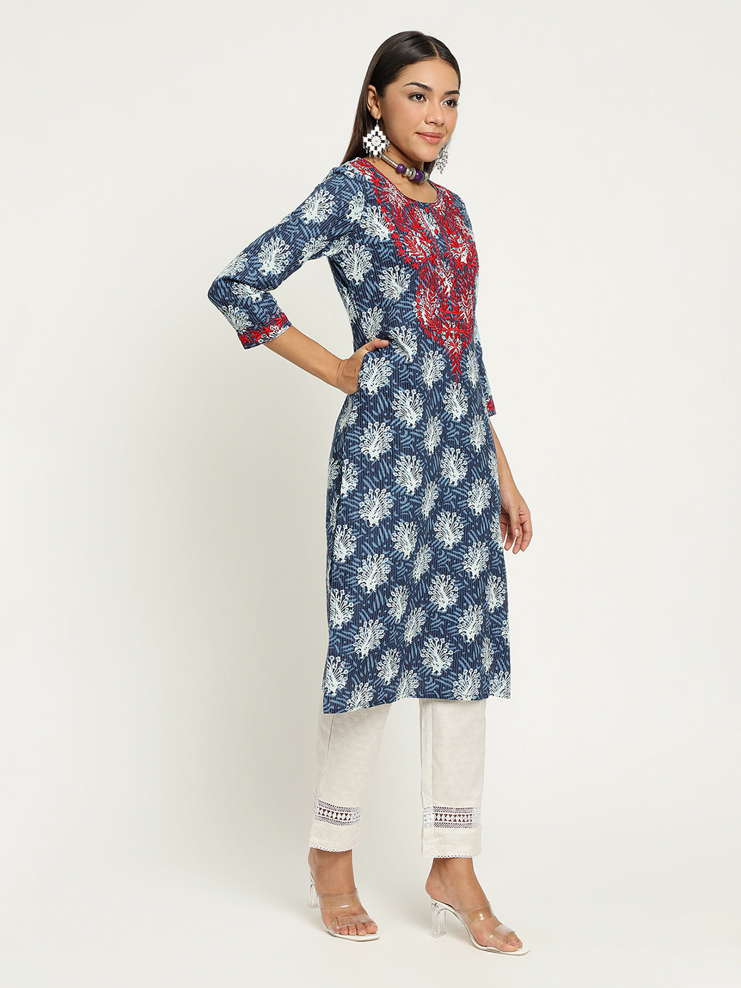 Blue Block Printed Embroidered Kurta.