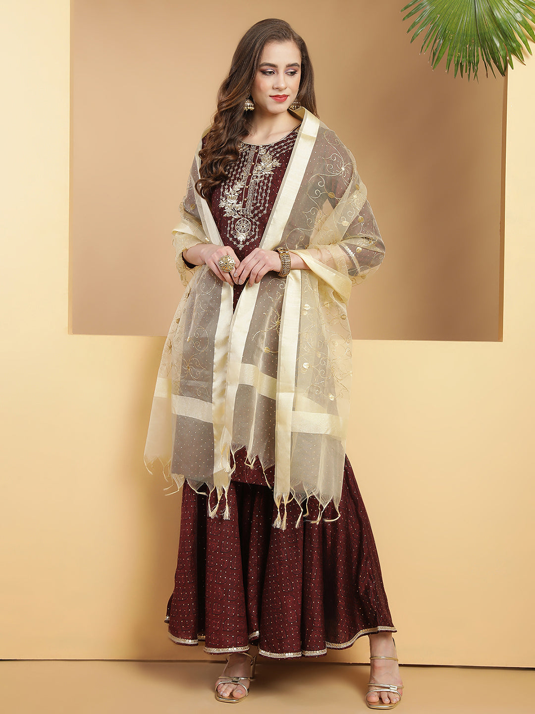 Maroon Embroidered Kurta With Sharara & With Dupatta.