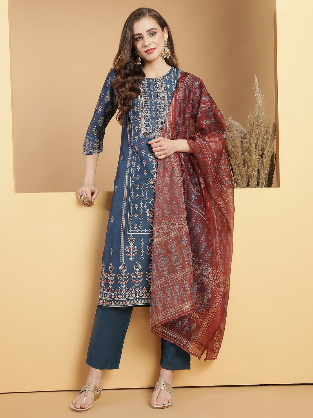 Blue placement printed kurta with trouser & with Dupatta