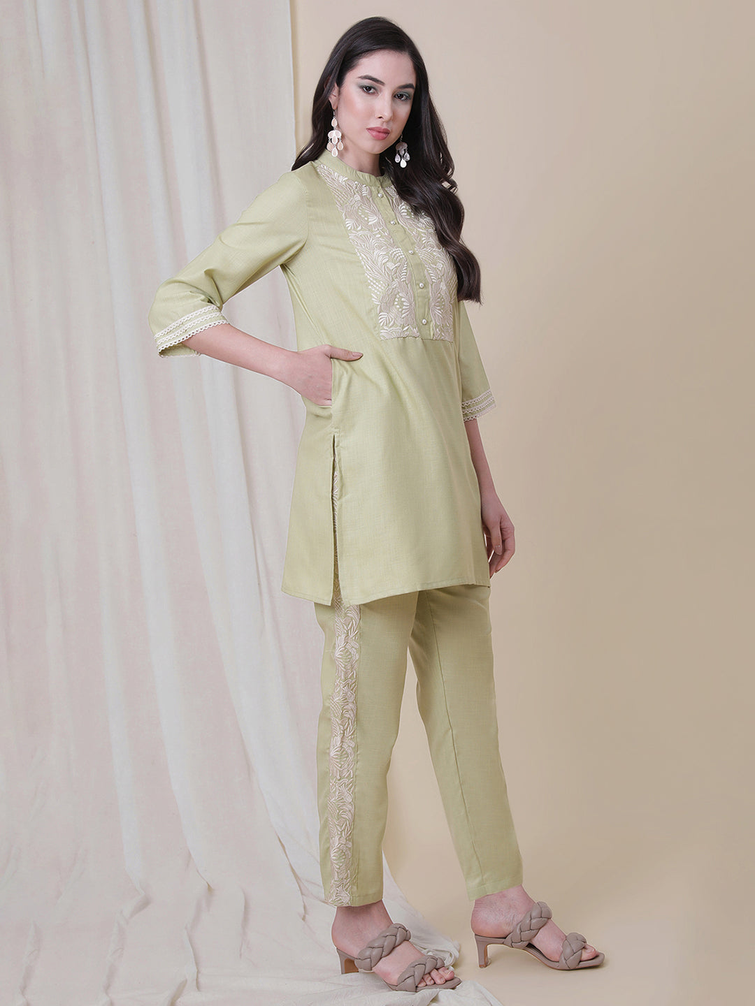 Green Embroidered Kurta With Embroidered straight Pant.