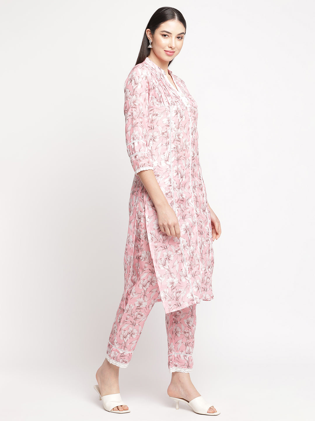 Floral Printed Pink Pintuck Kurta With Pant & With Dupatta