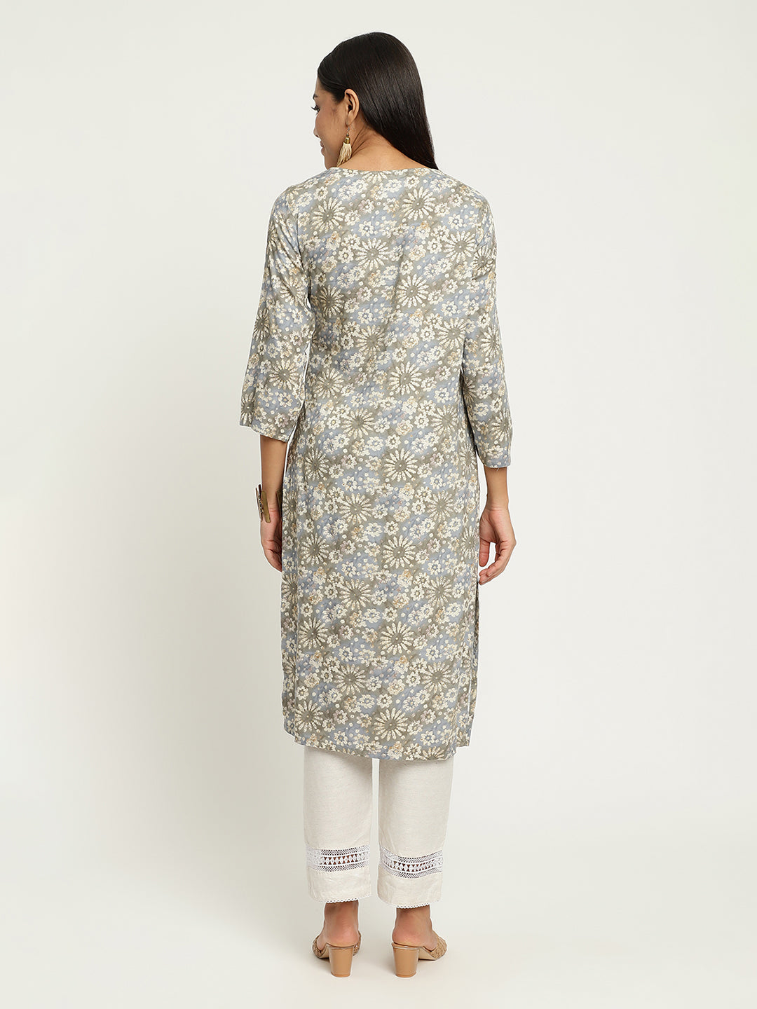 Grey Embroidered Foil Printed kurta