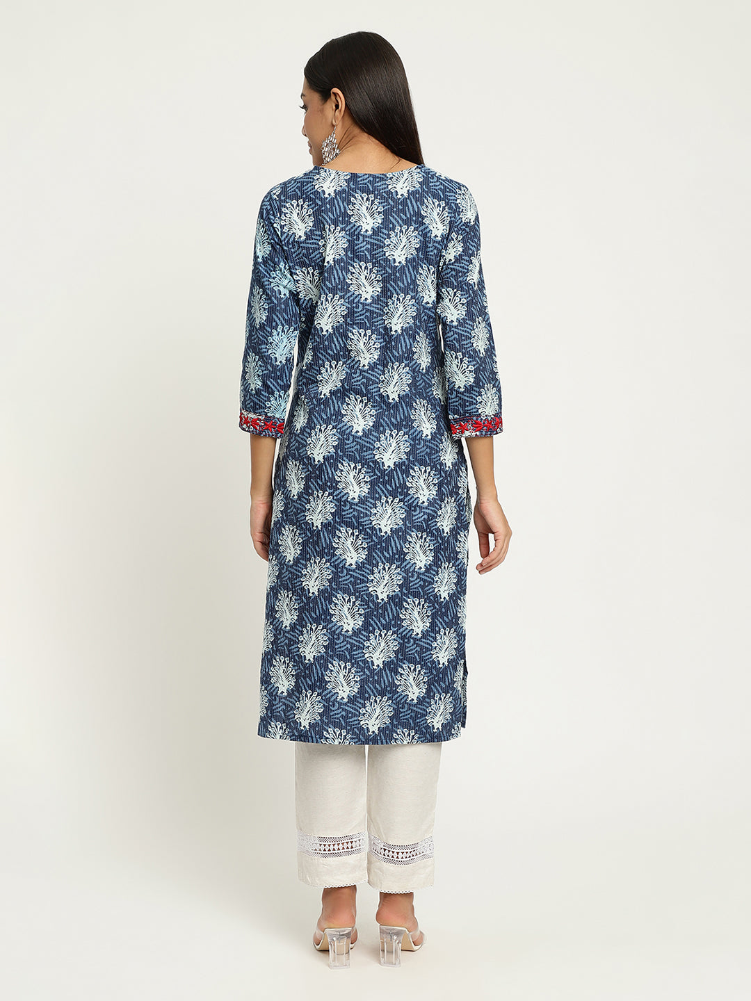 Blue Block Printed Embroidered Kurta.