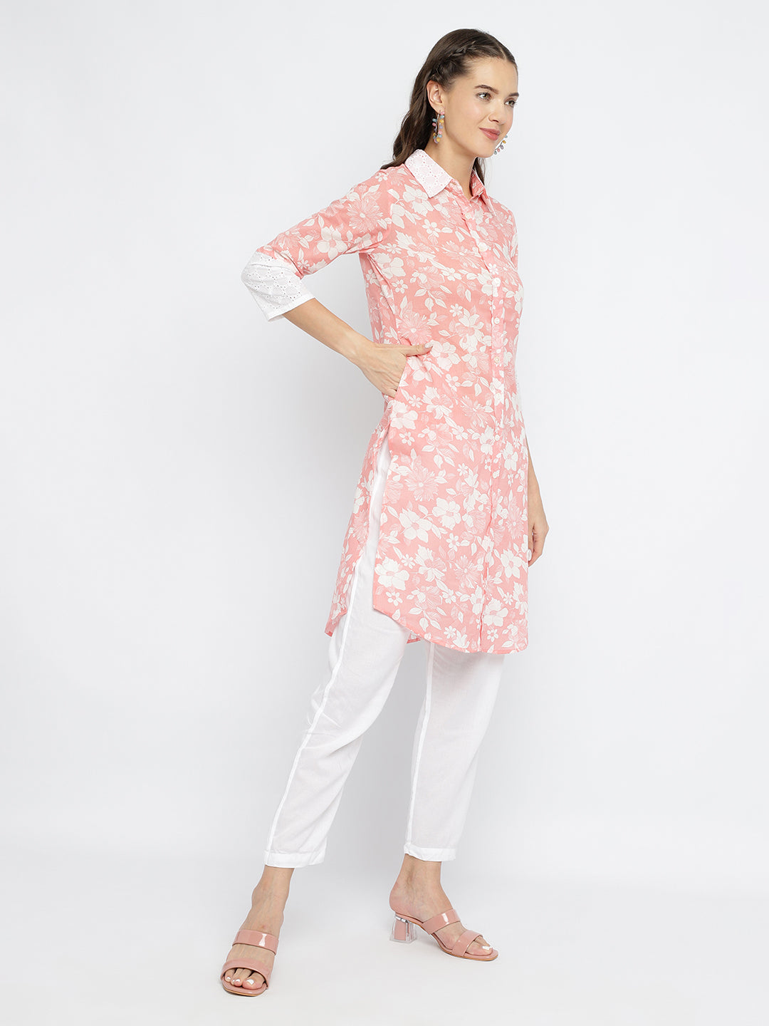 Women Coral Floral Printed Pathani Kurta.