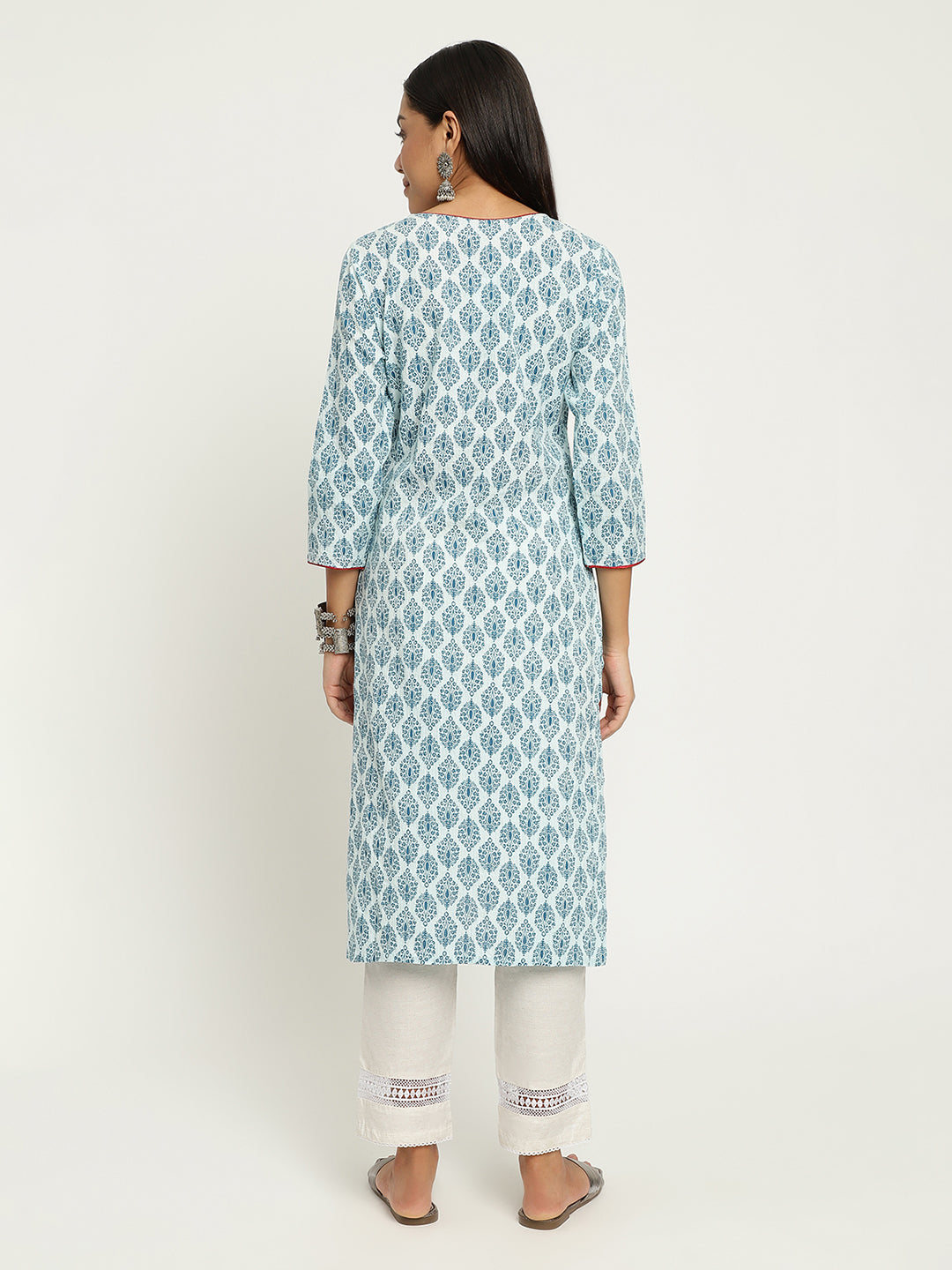 Aqua Block Printed Embroidered Kurta.