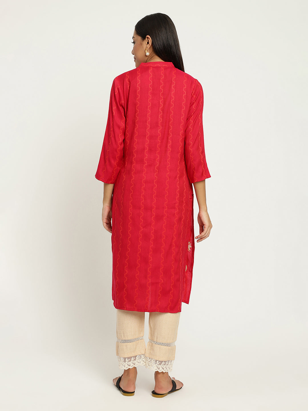 Women Red Embroidered Kurta.