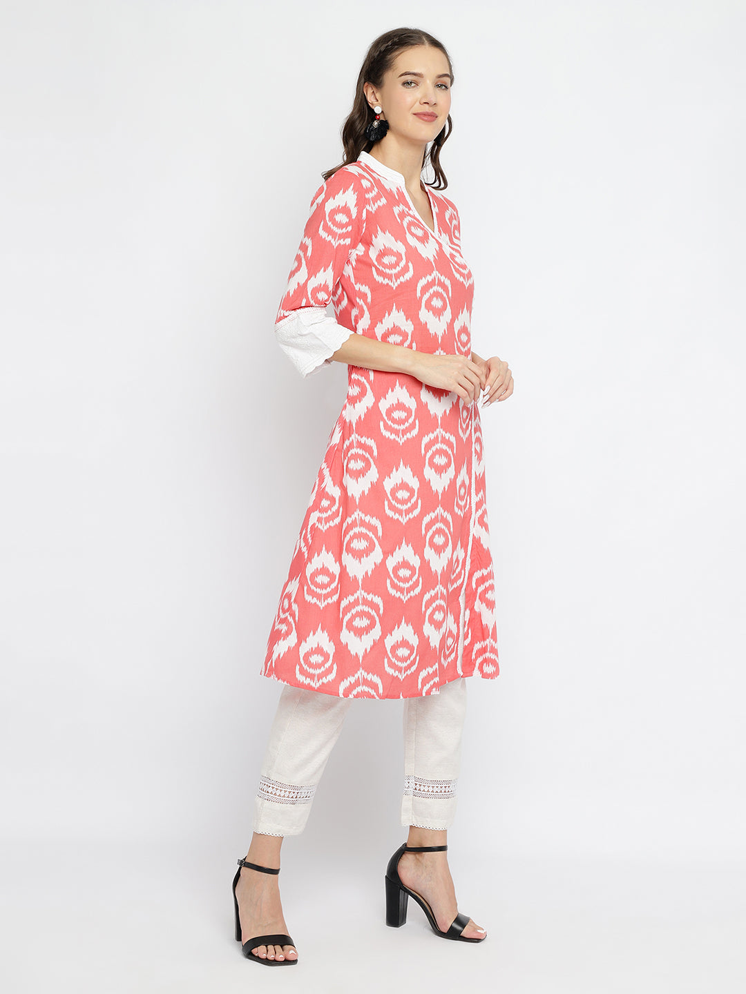 Women Colar Ikat Printed Embroidered Angarkha Kurta.
