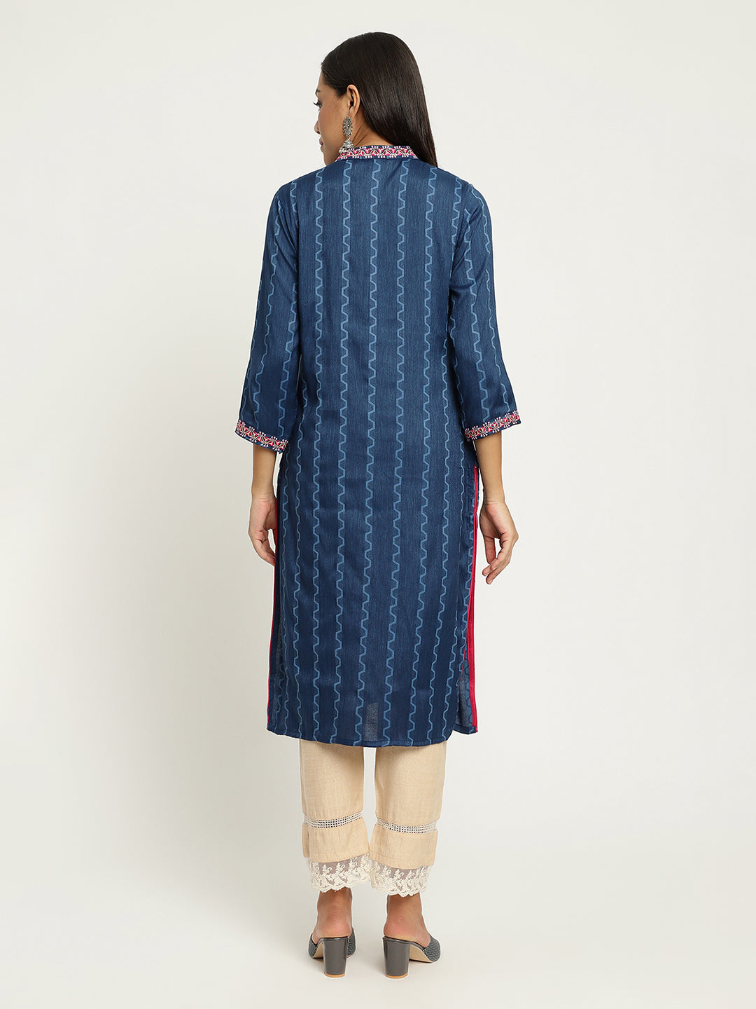 Women Blue Embroidered Kurta.