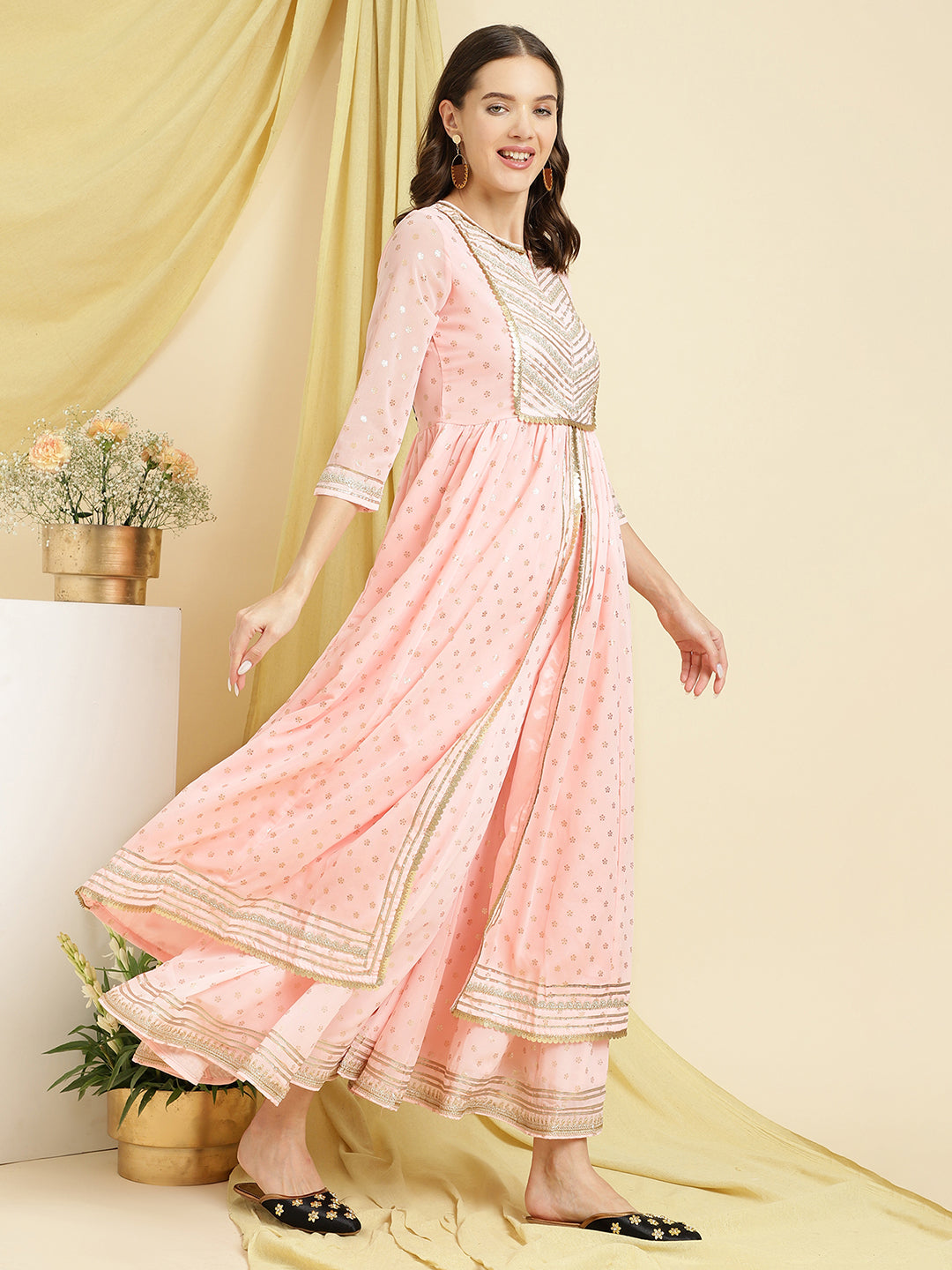 Women Peach Foil Printed Yoke Design Kurta With Sharara & With Dupatta.